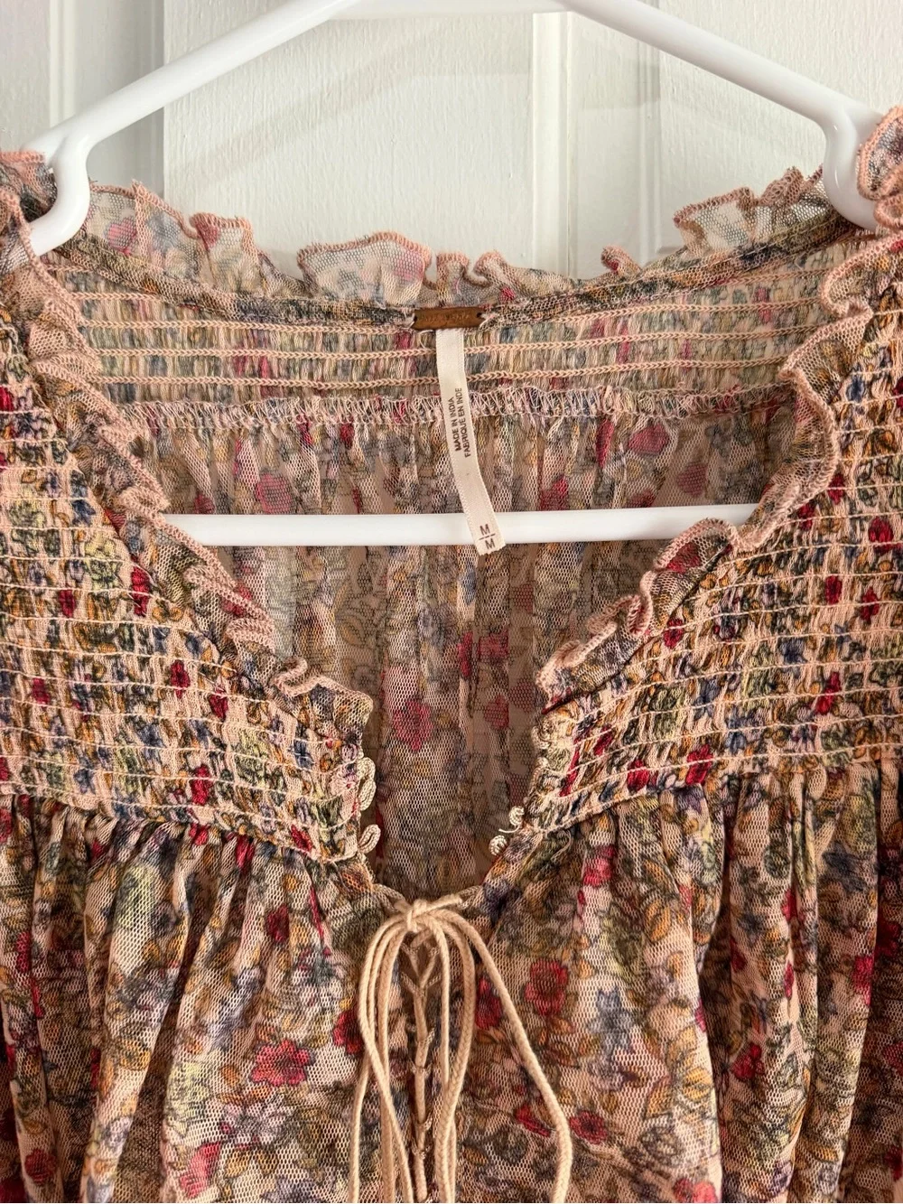 Free People Sheer Floral Smocked Blouse - Beige with Red & Green